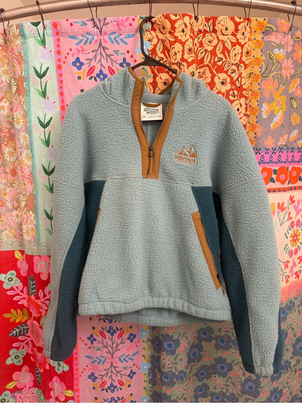 Marmot Light Blue Sherpa Pullover with Navy Panels and Tan Accents